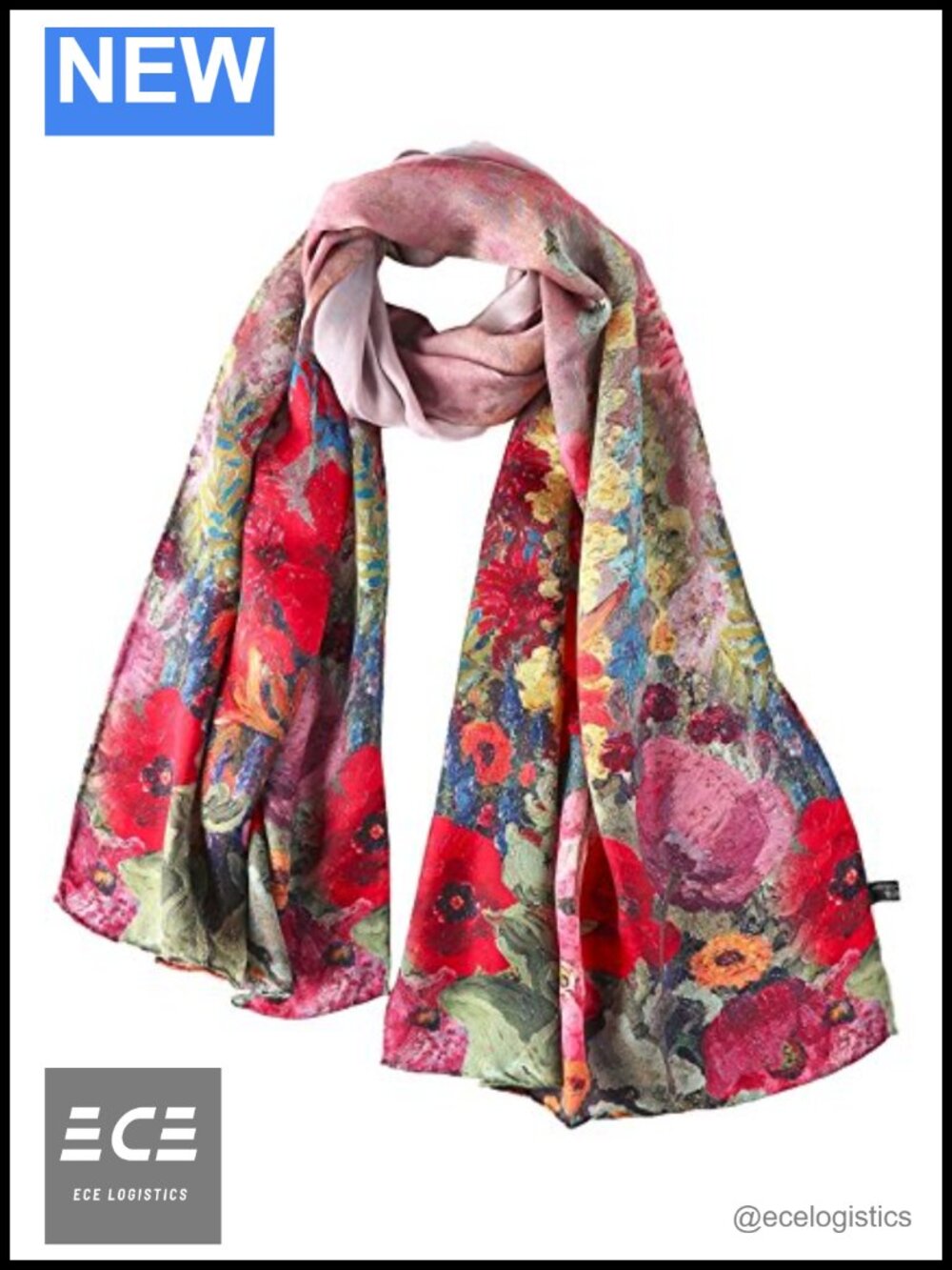 Long Charmeuse Silk Scarf With Floral Print